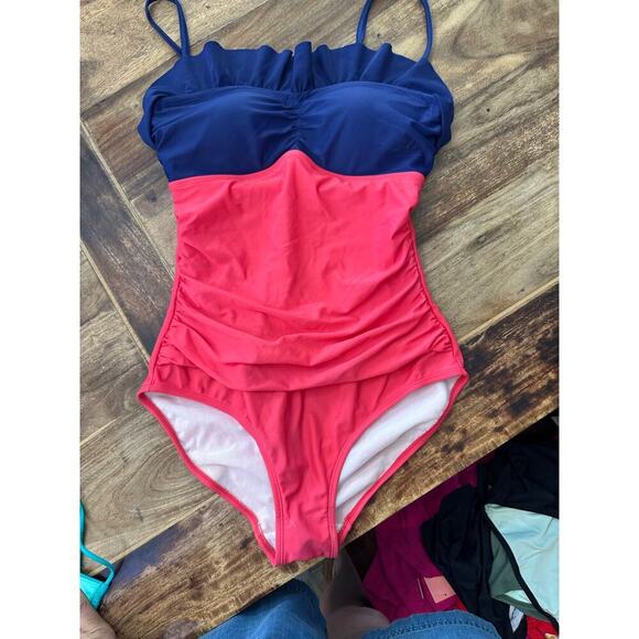 Boden Women's Blue & Pink Ruffle Bandeau One Piece Swimsuit Size 6 - Picture 2 of 7